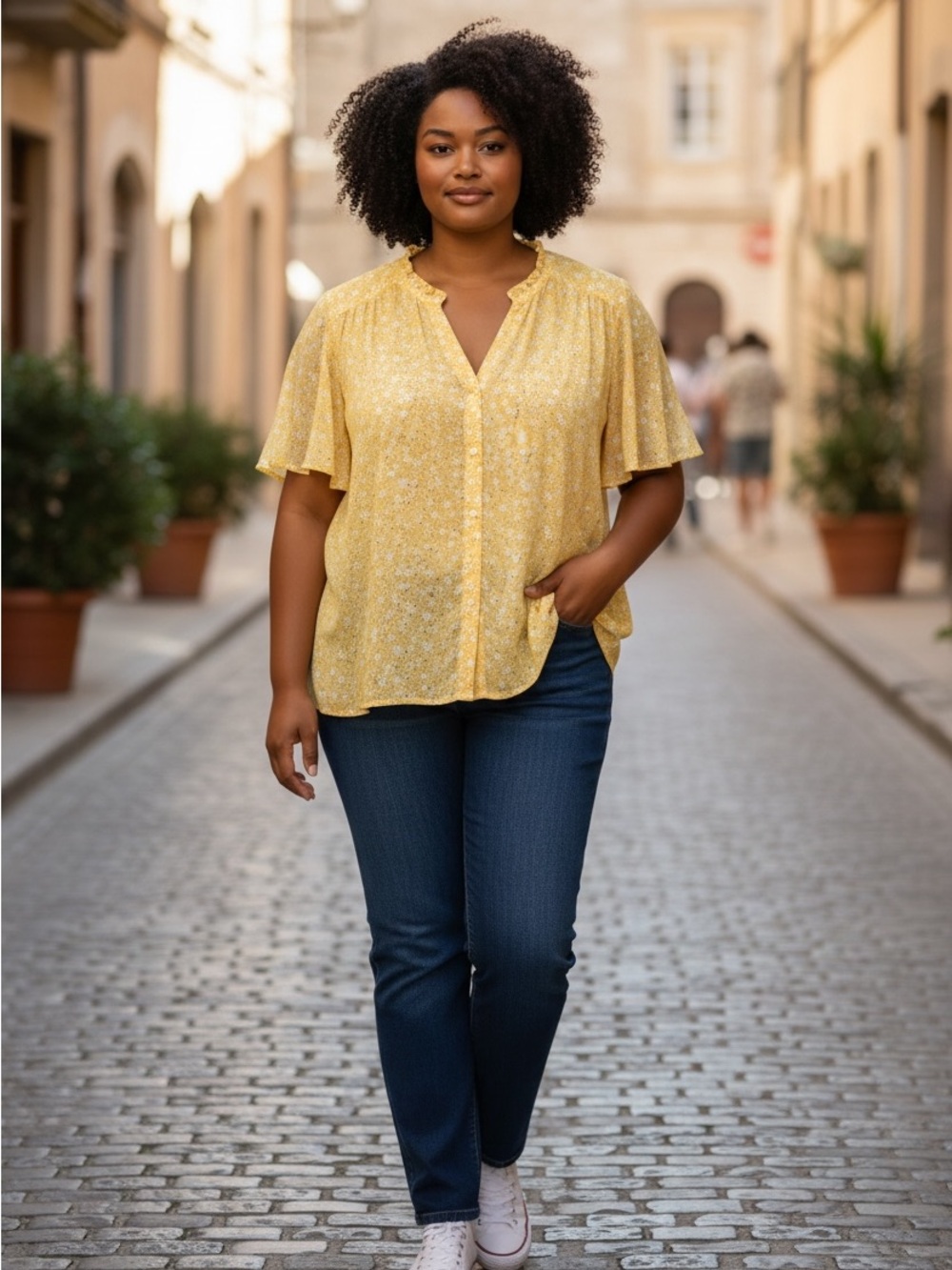 nwt IN EVERY STORY Sea Spray Daisy-Print Yellow Button Front Blouse  SIZE 5X